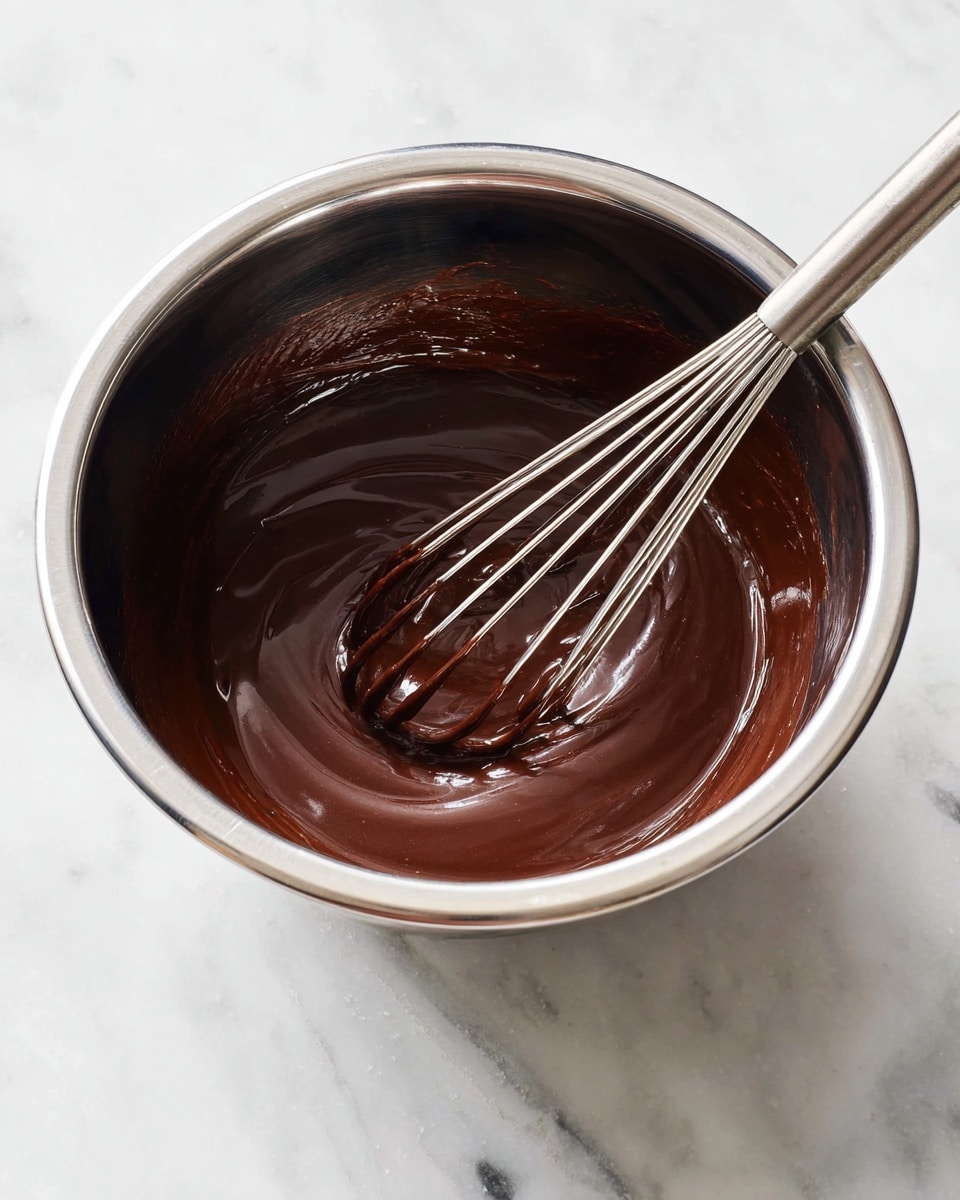 A shiny silver mixing bowl holds smooth, thick dark chocolate batter with a glossy surface. A metal whisk rests inside the bowl, partially covered in the rich chocolate mixture, which swirls gently around the whisk wires. The bowl is placed on a white marbled surface, adding a clean and bright look to the scene. The chocolate's dark brown color contrasts with the shiny steel bowl and the light background. photo taken with an iphone --ar 4:5 --v 7