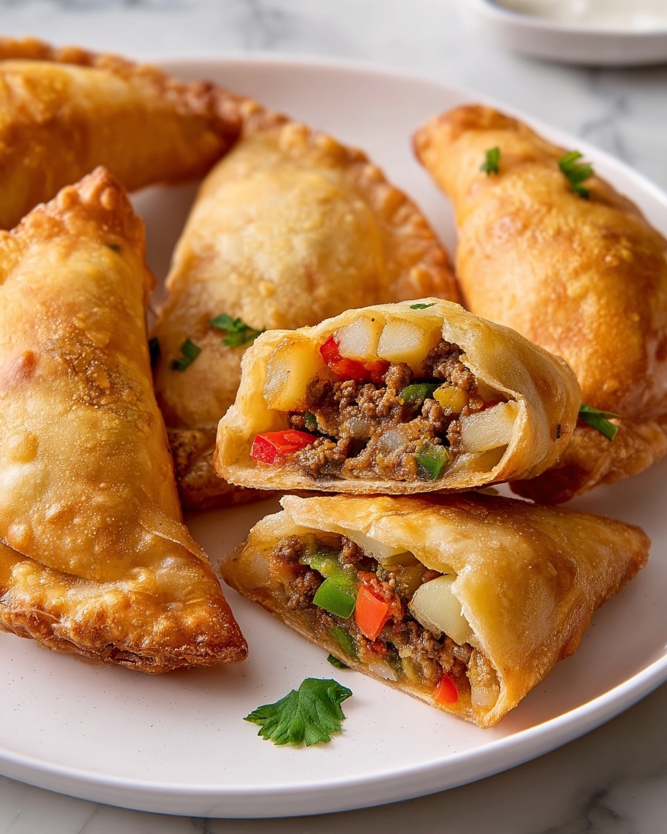 A white plate holds six golden-brown empanadas stacked in two layers, each empanada showing a crispy, slightly shiny crust with crimped edges. The empanadas have a warm, rich amber color with some darker brown patches, highlighting their baked texture. Behind the plate, a white bowl with red salsa sits blurred, featuring a chunky texture and vibrant red hues. Another bowl with green chopped herbs is visible but out of focus in the background. A small white bowl with creamy white sour cream sits at the front on a white marbled tabletop. Photo taken with an iphone --ar 4:5 --v 7