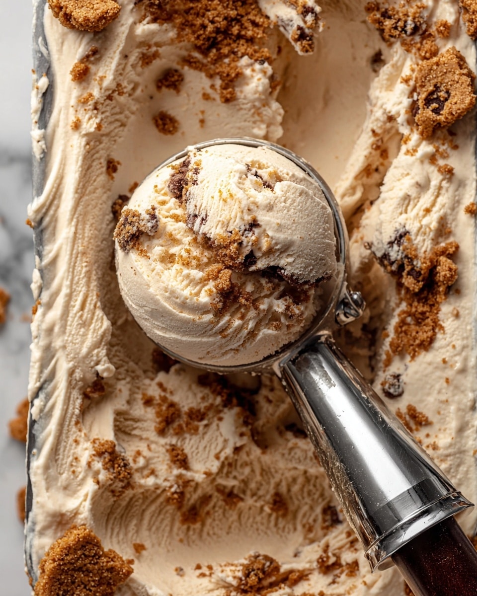 The image shows a close-up of a scoop of light beige ice cream with crunchy brown cookie pieces mixed inside. The ice cream is creamy and smooth with some crumbs scattered on the surface. The scoop sits in a shiny silver ice cream scooper with a dark brown handle. Around the scoop, there are thick layers of ice cream mixed with large chunks of the same brown cookie pieces, creating a textured look with creamy and crumbly contrasts. The background features a white marbled surface. photo taken with an iphone --ar 4:5 --v 7