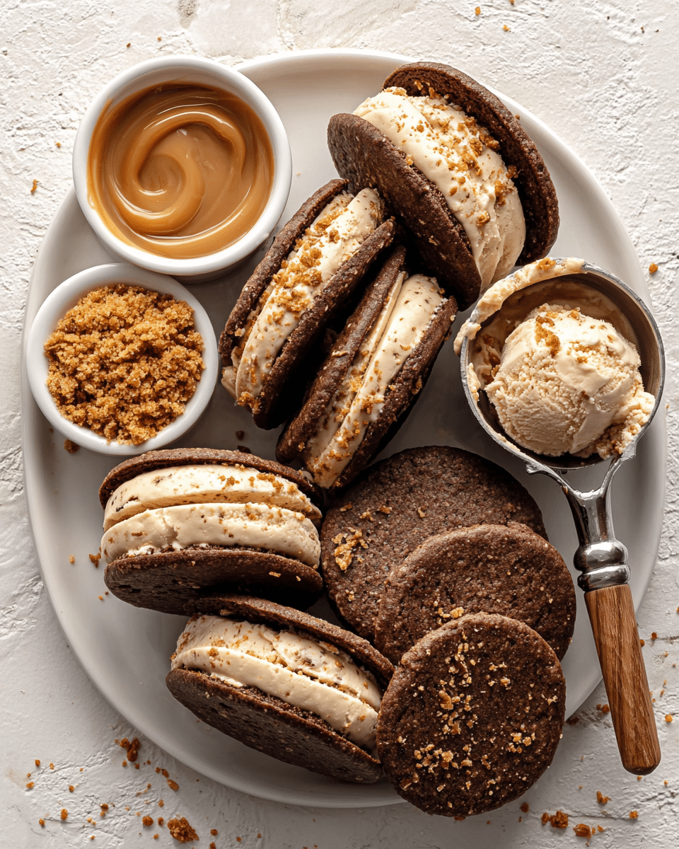 A close-up view shows a tall stack of four ice cream sandwiches, each composed of round, dark brown chocolate cookie layers with a rough, crunchy texture. Between each cookie layer is a thick scoop of creamy, light beige ice cream mixed with small chunks of caramel or cookie bits, visibly soft and slightly melting around the edges. The stack stands on a white marbled surface, with a small uneven scoop of the same ice cream to the bottom left and a white bowl with some brown crumbs blurred in the background. photo taken with an iphone --ar 4:5 --v 7