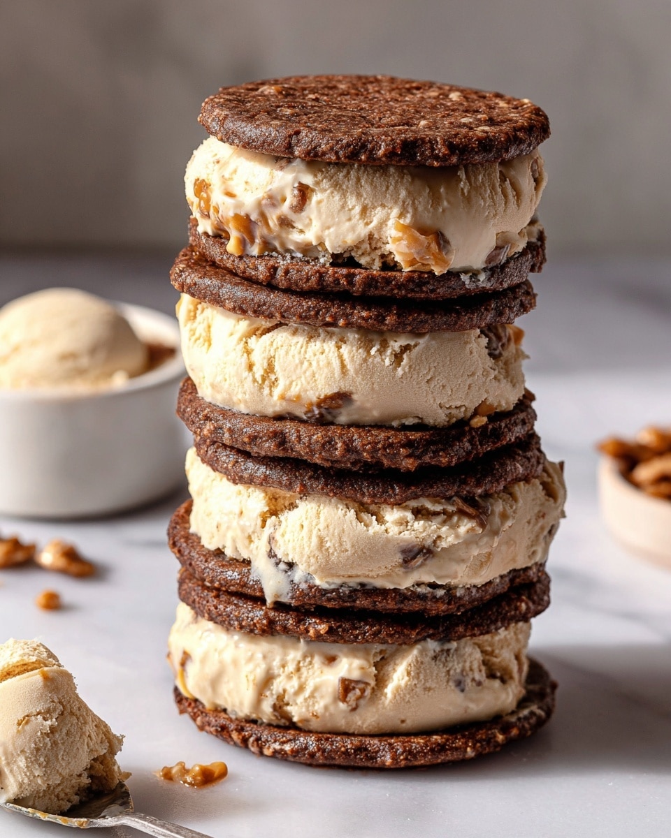 A white plate holds several ice cream sandwiches arranged closely together, each made of two dark brown, round cookies with a rough, cracked texture on the outside. Between the cookies is a thick layer of creamy beige ice cream flecked with small crunchy bits, showing a slightly melting, soft texture. On the plate, there is a small white bowl filled with smooth, light brown caramel sauce and another small white bowl filled with crushed golden cookie crumbs. A metal ice cream scooper with a wooden handle rests on the plate, holding a scoop of the same beige ice cream with visible crunchy pieces. The whole scene is set against a white marbled texture surface. Photo taken with an iphone --ar 4:5 --v 7