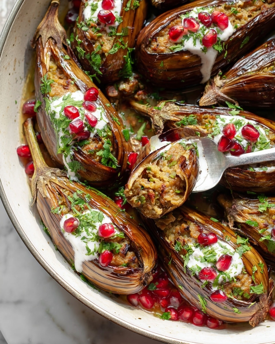 The dish shows several stuffed eggplants arranged closely in a white pan. Each eggplant is brownish with a slightly shiny, grilled texture and delicate slits on the surface. The filling inside is dense, light brown with green specks, and appears soft and moist. On top of each stuffed eggplant is a small dollop of white sauce garnished with bright red pomegranate seeds. Fresh, finely chopped green herbs are scattered on the eggplants and the sauce below. A silver spoon holds one stuffed eggplant cut in half, showing the filling inside clearly. The whole scene is set against a white marbled surface. Photo taken with an iphone --ar 4:5 --v 7