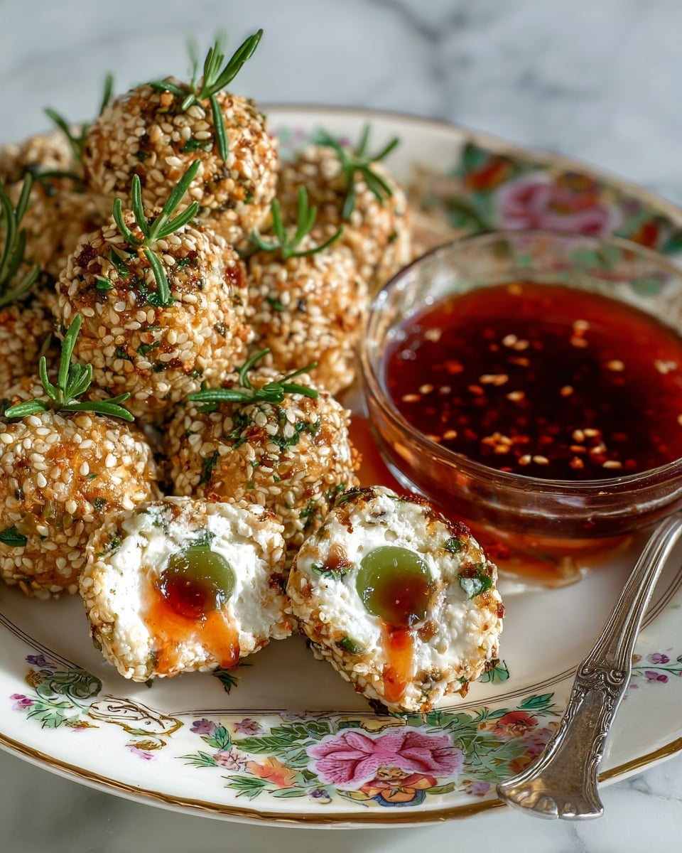 The image shows small round cheese balls covered in sesame seeds, chopped herbs, and small brown bits, each topped with a small sprig of fresh green rosemary. The cheese balls are stacked closely on a white plate with a colorful floral and gold ornate edge. Two cheese balls are cut open in front, revealing a smooth white cheese layer around a green grape center in one, and a shiny reddish-brown sauce filling in the other. To the right of the plate, there is a small clear glass bowl filled with a glossy red-brown sauce with visible seeds, next to an old silver spoon. The background is a white marbled texture. photo taken with an iphone --ar 4:5 --v 7