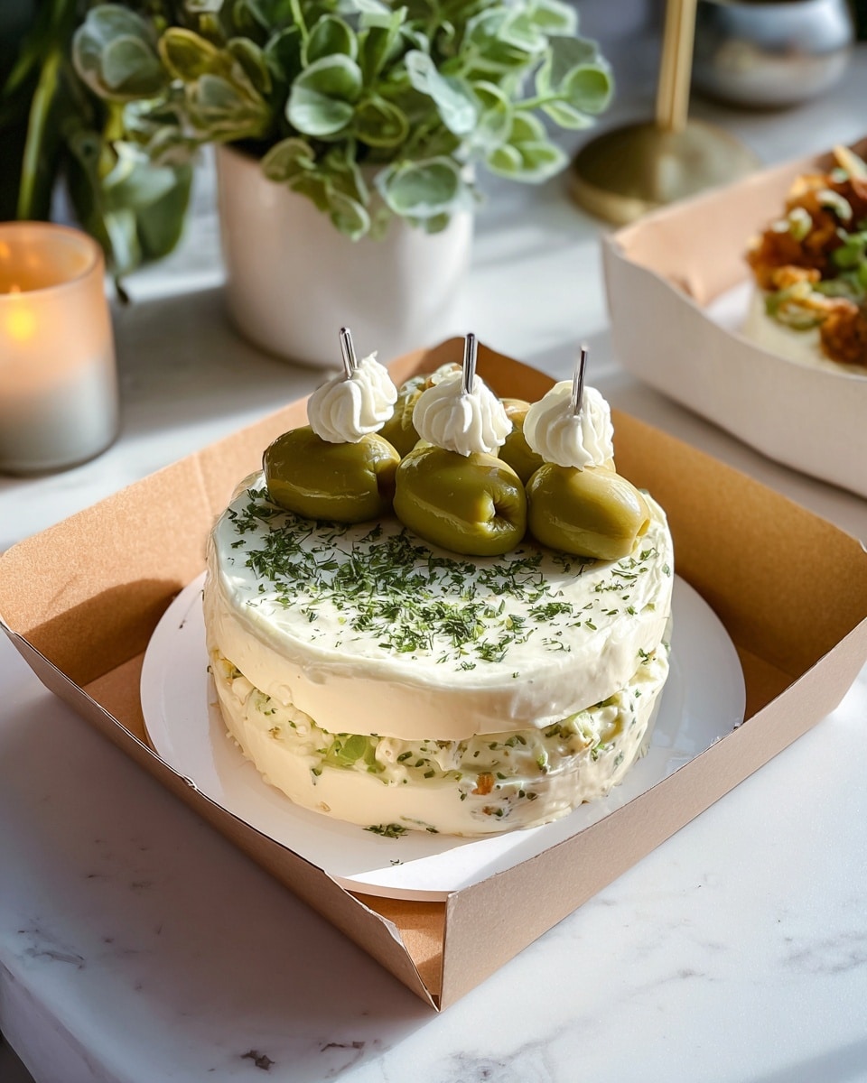 A small round cake sits on a white plate inside a cardboard box, with three creamy white layers separated by a filling that has small green pieces in it. The top layer is covered with a smooth spread of white cream, sprinkled with finely chopped green herbs. On top, there are two metal skewers holding several large green olives, each topped with a small dollop of white cream. The background shows green plants and a lit candle, all placed on a white marbled surface. photo taken with an iphone --ar 4:5 --v 7