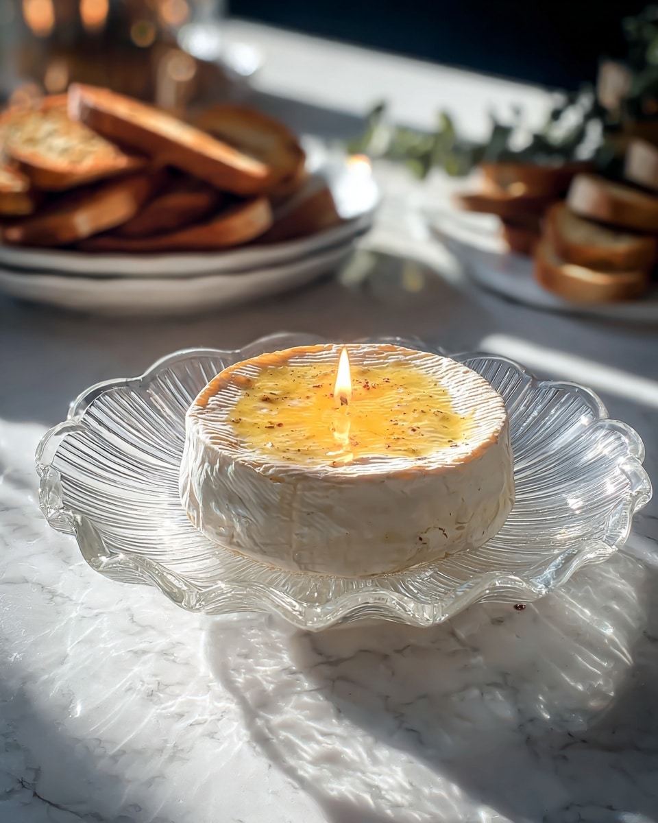 The image shows a round, creamy white cheese wheel topped with a thin layer of melted, golden yellow cheese with a small flame burning in the center, resembling a candle. The cheese wheel rests on a clear glass plate with an ornate, wavy edge that reflects light onto a white marbled surface below. In the background, there is a white plate stacked with golden toasted bread pieces, slightly out of focus, adding depth to the scene. Soft natural light highlights the textures and casts gentle shadows, creating a warm and inviting atmosphere. Photo taken with an iphone --ar 4:5 --v 7