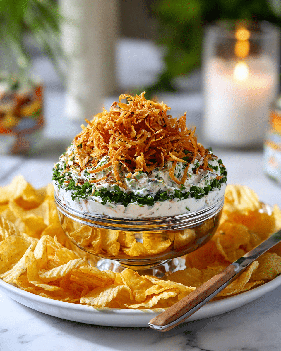 A layered dip served in a shiny silver bowl, placed on a white plate surrounded by crinkled yellow potato chips. The dip has multiple layers: the bottom layer is a white creamy base, topped with a green layer of chopped herbs, followed by another thick white creamy layer mixed with small green bits. Above this is a generous heap of golden-brown crispy fried onions. A knife with a light handle rests on the edge of the plate, and the background is softly blurred with a white candle and green plants visible, all on a white marbled surface. Photo taken with an iphone --ar 4:5 --v 7