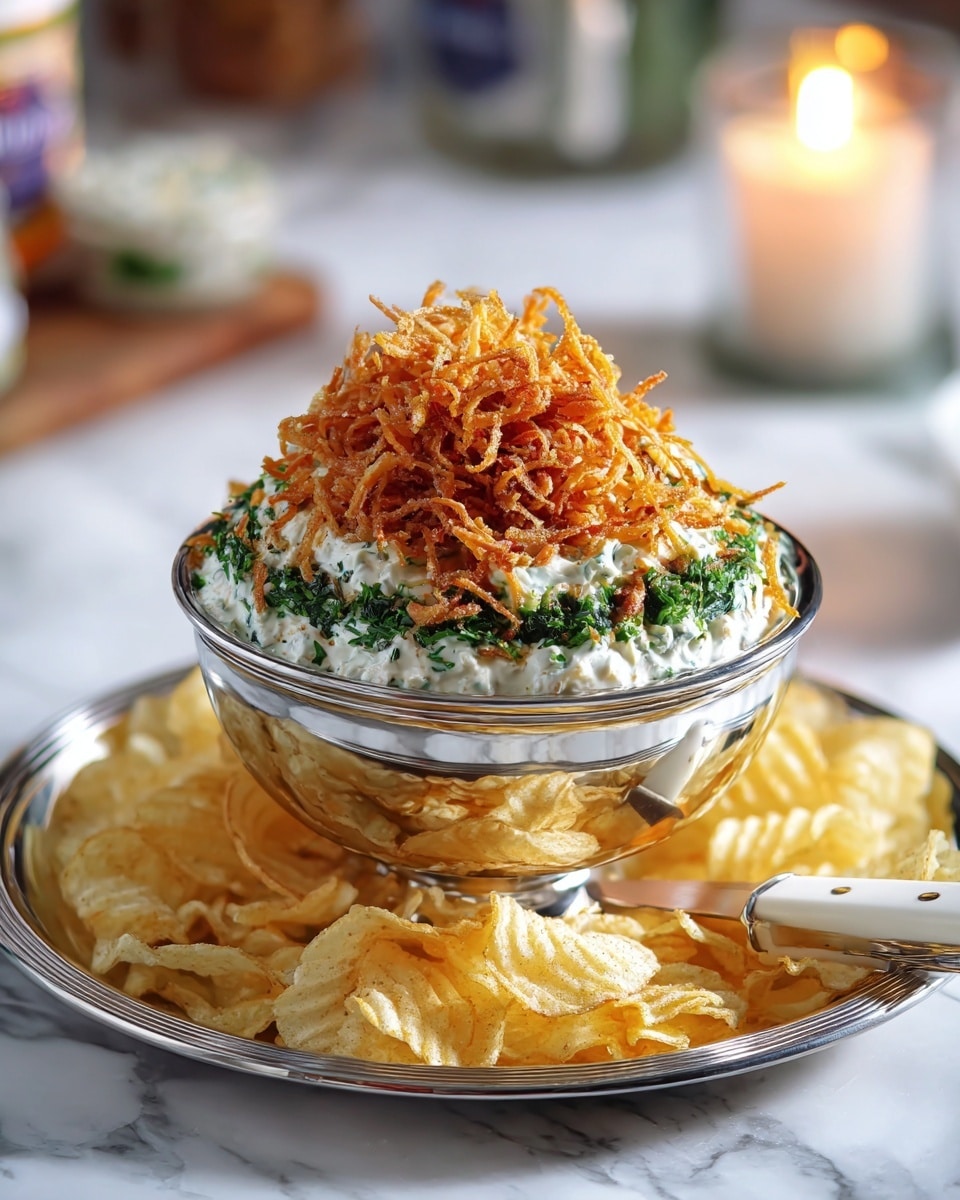The dish is served in a shiny silver bowl placed on a matching silver plate, both on a white marbled surface. The dip inside the bowl has three visible layers: the bottom and middle layers are creamy white and thick, mixed with bright green chopped herbs spread evenly; they alternate with a middle layer of thin, crispy golden-brown fried onions that add texture and height. The top layer is a large pile of these same crispy fried onions, giving the dish a crunchy finish. Surrounding the bowl on the plate are ruffled, light yellow potato chips, arranged loosely. A knife with a white handle rests beside the chips, and in the softly blurred background, a lit candle and a container of sour cream can be seen. photo taken with an iphone --ar 4:5 --v 7