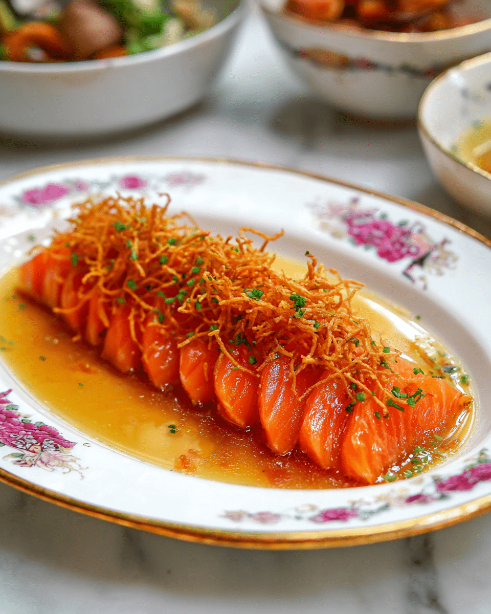 The dish shows twelve slices of bright orange raw salmon arranged in a slightly curved row on a white plate with a floral and gold border. The salmon slices are fresh and glossy, layered close together with a smooth texture. On top of the salmon is one thick layer of thin, crispy fried noodles that are golden brown. Tiny chopped green herbs are sprinkled over the salmon and noodles, adding small green dots. The fish and noodles sit in a shallow pool of shiny, amber-colored sauce that covers the base of the plate. The background shows parts of white bowls with different foods and a white marbled surface. photo taken with an iphone --ar 4:5 --v 7