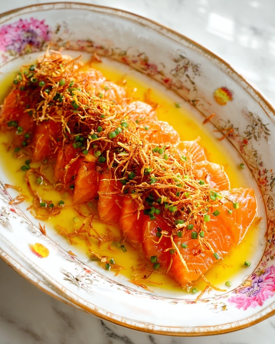Thin layers of bright orange salmon slices are arranged in a neat row on a white plate with a floral and gold patterned rim. The salmon is topped with a generous pile of crispy, golden-brown fried thin strips. The dish is garnished with small green herb pieces scattered over the salmon, and it sits in a pool of yellow-orange sauce that glistens under the light. The background is a white marbled texture. Photo taken with an iphone --ar 4:5 --v 7