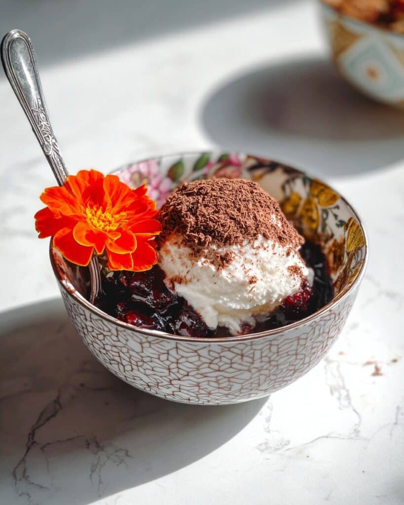 Cherries Jubilee with Bourbon, Vanilla Ice Cream, and Dark Chocolate Shavings Recipe
