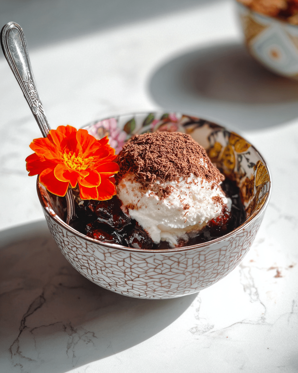 A small white bowl with a hexagon and flower pattern holds a dessert with three clear layers; the bottom layer is a dark fruit compote with visible chunks of berries, the middle layer is a scoop of white vanilla ice cream, and the top layer is a generous amount of finely grated chocolate covering the ice cream completely. An orange and red flower is placed on the left side of the ice cream, adding a bright color contrast. A silver spoon is inside the bowl, resting against the side with its handle leaning outwards. The bowl sits on a white marbled surface with soft natural light casting shadows. photo taken with an iphone --ar 4:5 --v 7