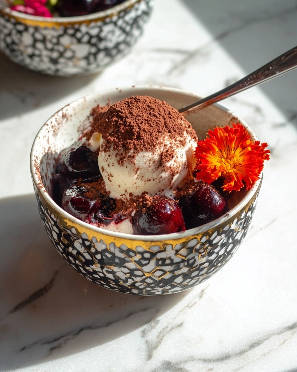 A white bowl with a black and gold honeycomb pattern holds a rich dessert with three visible layers. The bottom layer is a dark, glossy cherry compote with whole cherries showing deep red color. The middle layer is a smooth, white scoop of ice cream or cream placed on top of the cherries. The top layer is finely grated chocolate spread evenly over the white layer, giving a textured brown finish. A small bright orange and red flower decorates the side. A silver spoon rests inside the bowl, leaning outwards. The bowl sits on a white marbled surface, catching strong natural light that creates shadows and highlights. Photo taken with an iphone --ar 4:5 --v 7