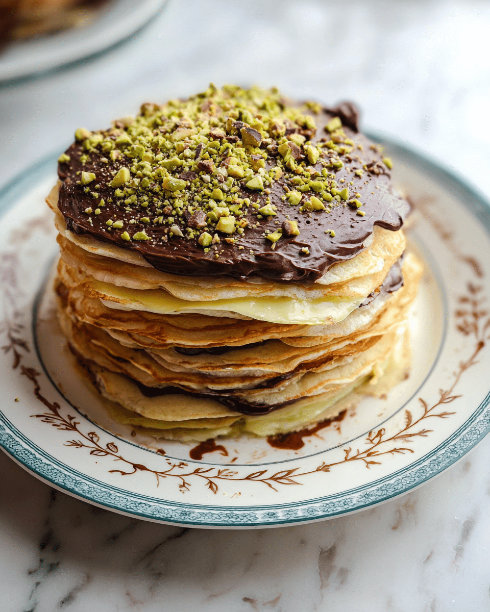 A tall stack of thin pancakes sits on a white plate with a blue rim and delicate brown leafy design. The stack has about nine layers, alternating between golden-brown pancakes and different fillings, including creamy yellow custard and dark chocolate spread. The top layer is a pale pancake with a thick dark chocolate frosting spread evenly, sprinkled generously with green crushed nuts and small curls of chocolate, giving it a textured look. The plate rests on a white marbled surface, with some chocolate smudges around the edges. photo taken with an iphone --ar 4:5 --v 7