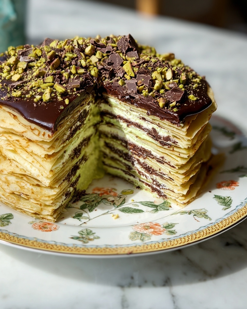 A multi-layered crepe cake with approximately ten thin, pale yellow crepe layers stacked evenly, separated by alternating layers of creamy dark chocolate spread and light green pistachio cream. The top layer is covered in a thick, glossy dark chocolate glaze sprinkled generously with chopped pistachios and dark chocolate shavings. The cake is placed on a white plate with a floral and leaf pattern on it, set on a white marbled surface. Photo taken with an iphone --ar 4:5 --v 7
