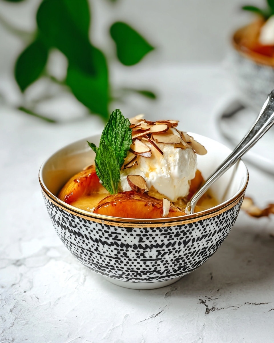 A white bowl with a black and gold honeycomb pattern holds a dessert with three main layers: the bottom layer is a golden syrupy sauce, the middle layer is a bright orange cooked peach half, and the top layer consists of a scoop of white vanilla ice cream and toasted almond slices scattered over the peach. A fresh green mint leaf sits on top for decoration, and a silver spoon rests inside the bowl. The bowl is placed on a white marbled texture with some green leaves blurred in the background. Photo taken with an iphone --ar 4:5 --v 7