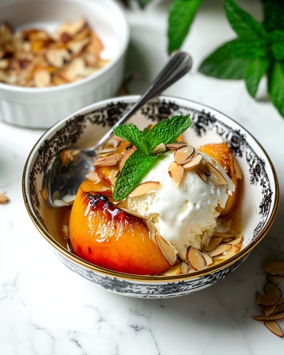 A white bowl with a black and gold patterned rim holds a dessert with three main layers: at the bottom, there is a bright orange glazed peach half, in the middle, scattered toasted almond slices with a golden-brown color, and on top, a smooth white scoop of vanilla ice cream. A fresh green mint leaf rests between the peach and ice cream. A silver spoon leans inside the bowl on the left side. In the background, additional toasted almonds in a small white bowl and green leaves are visible, all set on a white marbled surface. photo taken with an iphone --ar 4:5 --v 7