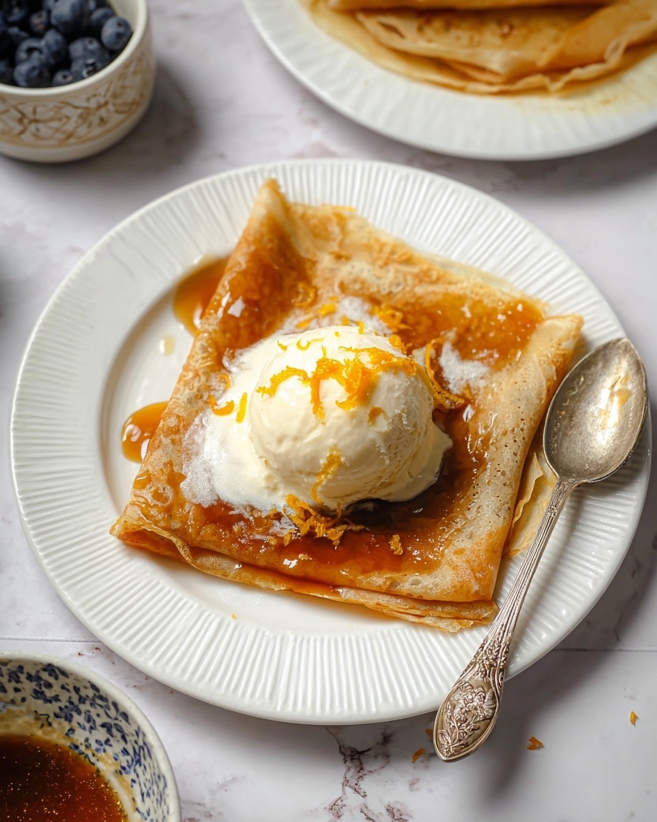 The image shows a folded crepe on a white plate with ridged edges, placed on a white marbled surface. The crepe is golden brown and folded into a square shape with thin layers visible. It is topped with a scoop of white vanilla ice cream that is slightly melting and spreading creamy white texture over the crepe. Around the ice cream, there is a glossy orange syrup with small orange zest strips scattered on top, adding texture and color contrast. To the right of the crepe, an ornate metal spoon rests on the plate. In the background, there are parts of a white plate with another crepe, a small bowl with blueberries, and a white patterned dish with brown sauce visible but blurred. photo taken with an iphone --ar 4:5 --v 7