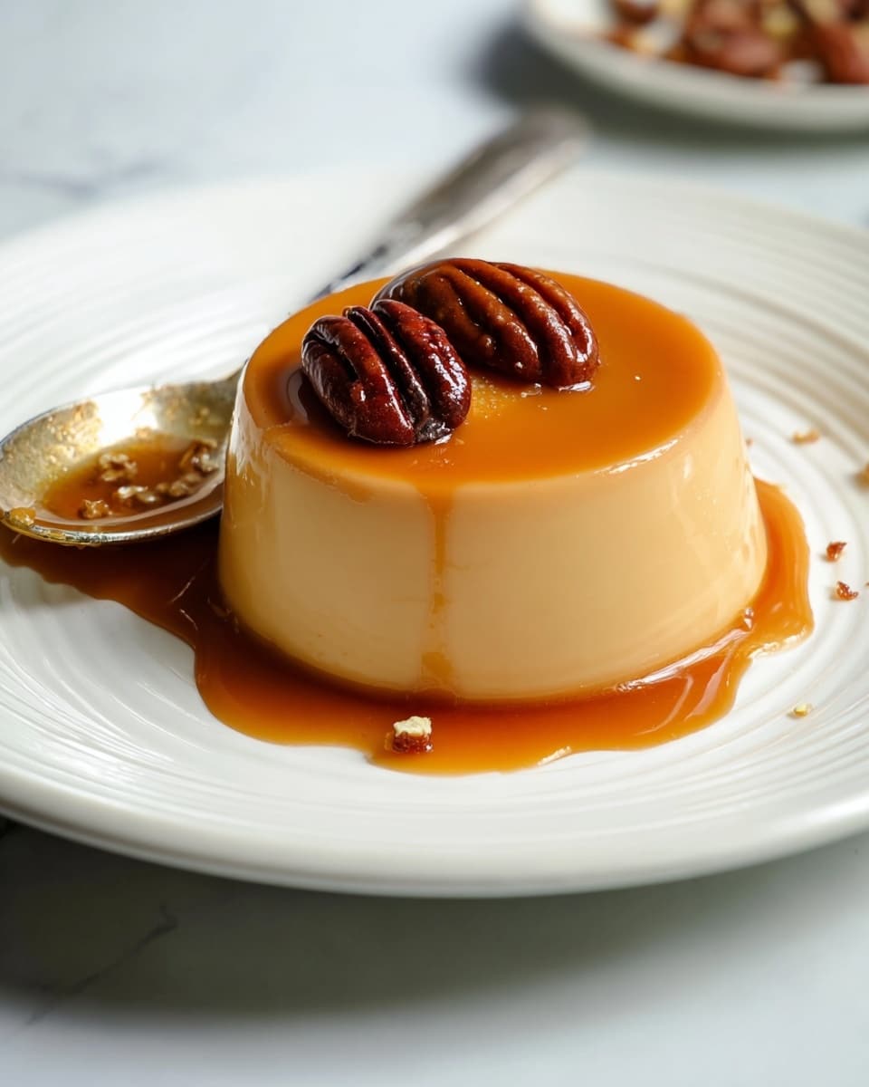 A smooth, creamy caramel pudding sits in the center of a white plate with subtle ridges along the edge. The pudding is light brown with a shiny surface, topped with two glossy, dark brown pecans and a small pool of rich, amber caramel sauce that drips slightly down one side. A silver spoon rests beside the pudding, partly covered in caramel sauce, all set against a white marbled background. photo taken with an iphone --ar 4:5 --v 7