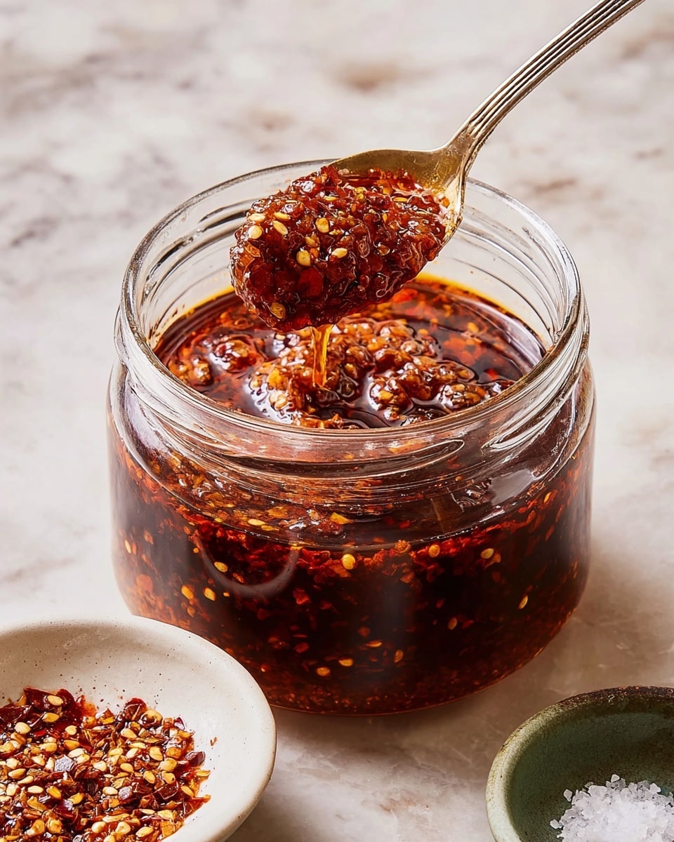A clear glass jar filled with a dark red chili oil mixed with crushed red pepper flakes, the oil having a shiny, oily texture with floating bits of chili and seeds. A silver spoon is dipped into the jar, lifting a thick scoop of the chili mixture showing its chunky texture. The jar sits on a white marbled surface next to a small white bowl containing more crushed chili flakes and a small green dish with coarse salt. The light reflects softly on the glass and oil, emphasizing the rich red and orange hues. Photo taken with an iphone --ar 4:5 --v 7
