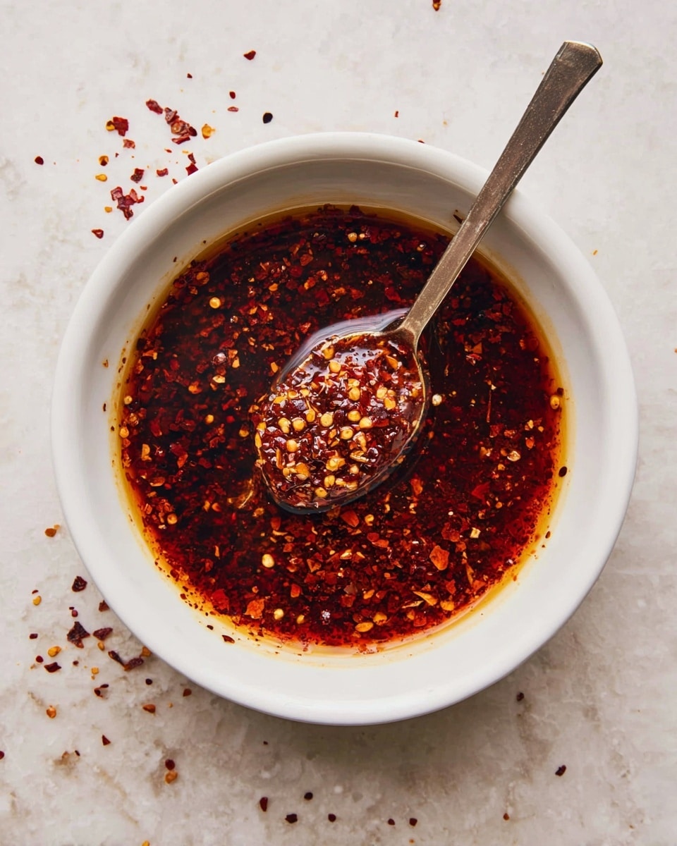 A white bowl filled with a deep red chili oil mixed with crushed red chili flakes, giving a textured look with many small bits floating in the oil. A metal spoon rests inside the bowl, holding some of the chili oil and flakes. The bowl is placed on a white marbled surface scattered lightly with some extra chili flakes around it. The oil has a shiny, oily texture with a rich, dark red color mixed with the orange and yellow of the chili seeds. photo taken with an iphone --ar 4:5 --v 7