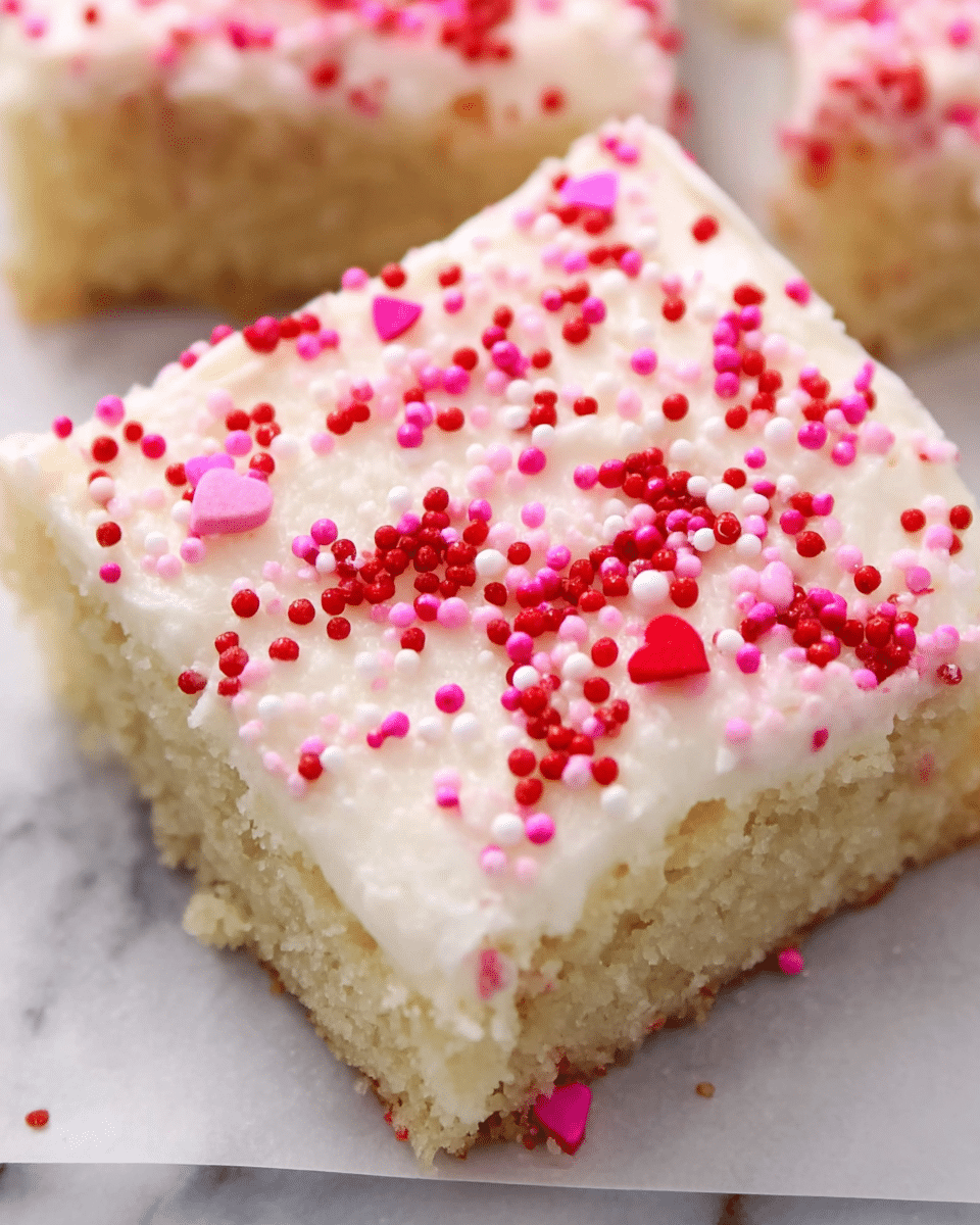 A close-up of a square piece of cake with two layers: the bottom layer is a light beige, soft and crumbly cake, and the top layer is a thick, smooth white frosting. The frosting is covered with small round sprinkles in bright red, light pink, and dark pink colors scattered all over. The cake is placed on a white marbled surface with another piece slightly visible in the background. Photo taken with an iphone --ar 4:5 --v 7