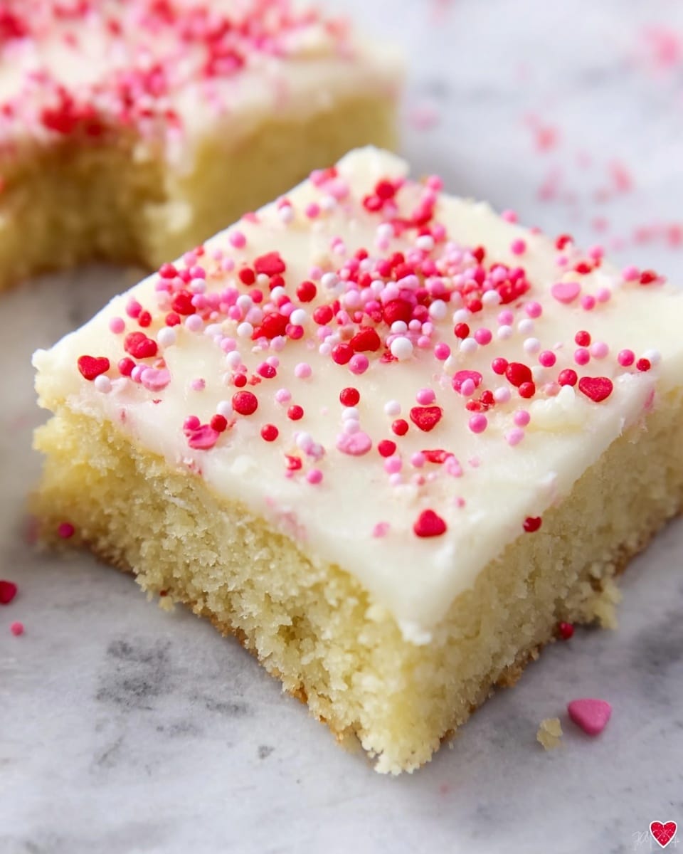 A square piece of cake with two layers is shown on a white marbled surface. The bottom layer is a soft, light yellow cake with a crumbly texture. The top layer is a thick white frosting, smooth and creamy, spreading evenly across the cake. Scattered all over the frosting are small, round sprinkles in shades of pink and red, adding bright pops of color. The cake appears moist and freshly cut, with a small bite taken from the top left corner. Photo taken with an iphone --ar 4:5 --v 7