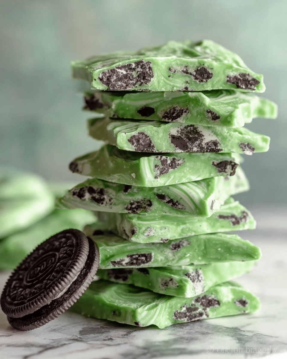 A tall stack of seven irregularly shaped, green mint bark pieces rests on a white marbled surface. Each piece is thick and textured with swirls and ripples on the surface. Inside the bright green bark, there are visible chunks of dark brown Oreo cookie bits scattered throughout, breaking the smooth green candy with a crunchy contrast. The pieces vary slightly in size and are stacked unevenly to show layers of the speckled mint bark. Near the base of the stack, a whole Oreo cookie lies flat on the white marbled surface. The background is softly blurred with muted tones, keeping the focus on the vibrant green bark. Photo taken with an iphone --ar 4:5 --v 7