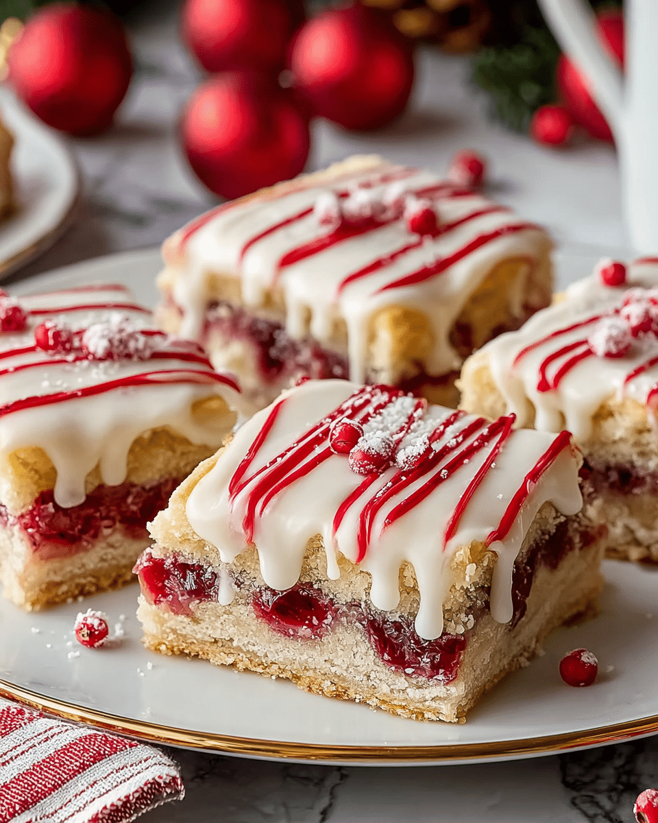 The image shows several rectangular slices of a pastry arranged neatly on a white plate with a thin gold rim, placed on a surface with a white marbled texture. Each slice has three visible layers: a bottom crust layer that is light brown and crumbly, a middle layer with a fruit filling of red berries that looks juicy and slightly chunky, and a top baked dough layer that is golden brown. Dripping over the top of each slice is a thick, white icing that smoothly covers the surface and drips down the sides, with thin red icing stripes on top and small red berry-like dots scattered over them. The background has red ornaments, hinting at a festive setting, and a red-and-white striped cloth partially visible near the front of the plate. Photo taken with an iphone --ar 4:5 --v 7