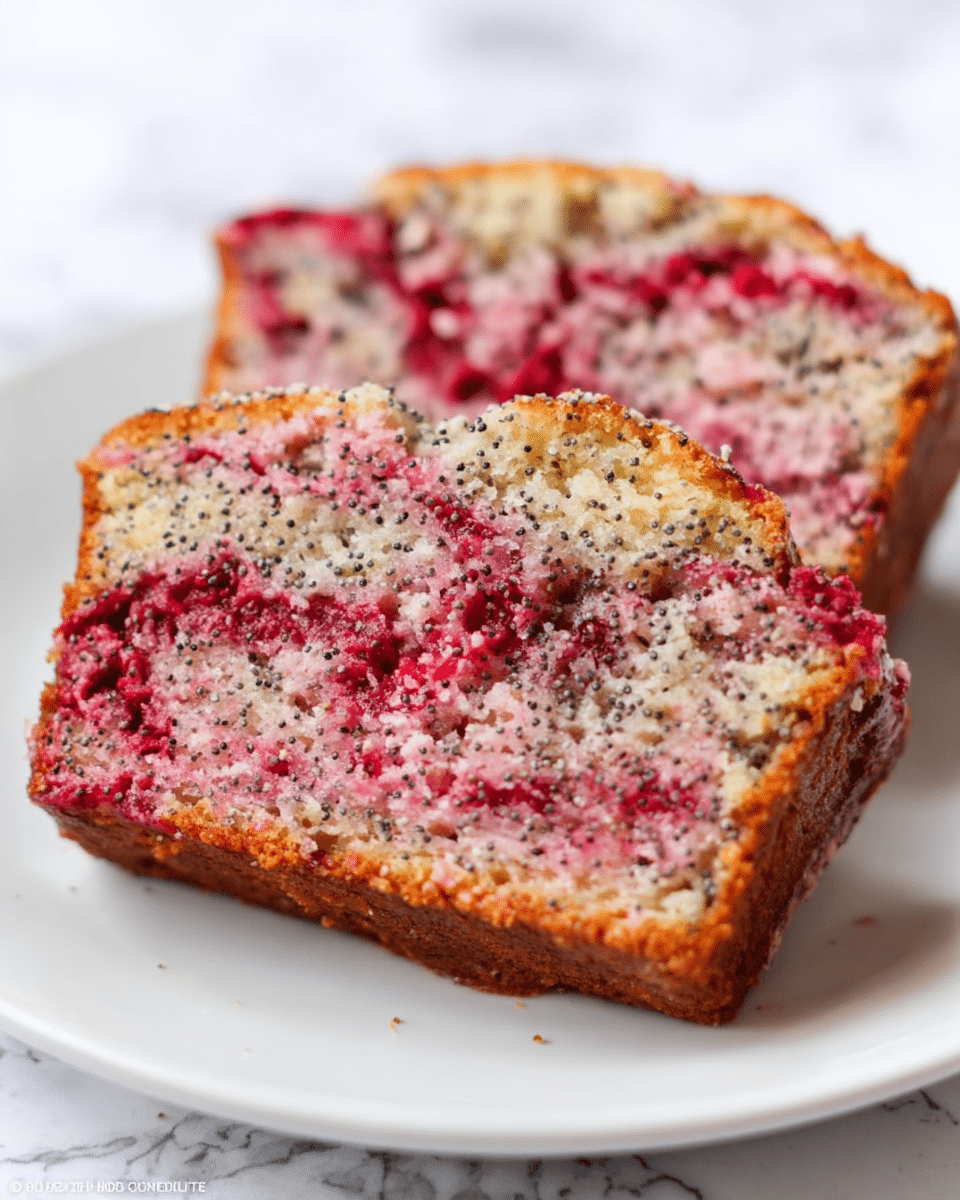 The image shows two slices of a poppy seed and raspberry cake placed on a white plate. Each slice has two visible layers: a light pink layer mixed with tiny black poppy seeds and red raspberry chunks swirled throughout, and a golden brown crust surrounding the edges. The texture looks moist with small bits of fruit and seeds evenly spread inside. The plate rests on a white marbled surface. photo taken with an iphone --ar 4:5 --v 7