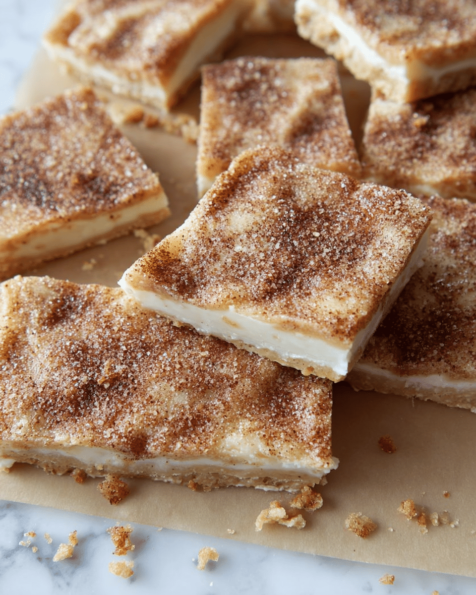 A close-up view of a stack of six square layers of a dessert made with golden brown cracker-like bases and light creamy fillings that alternate, some layers showing a soft tan caramel spread, topped with a dusting of light brown cinnamon sugar. The layers have a rich texture with a slight crumble, resting on light brown parchment paper placed on a white marbled surface, with scattered crumbs around the stack and out-of-focus similar squares in the background. photo taken with an iphone --ar 4:5 --v 7