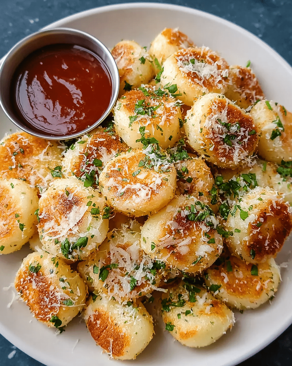 A white plate is filled with small round golden-brown gnocchi pieces, each coated lightly with grated cheese and sprinkled with chopped green herbs, giving a fresh contrast. The gnocchi show a slightly crispy texture on the outside with a soft, tender inside. A metal cup of red dipping sauce is placed in the upper left corner inside the plate. The entire plate rests on a white marbled surface. photo taken with an iphone --ar 4:5 --v 7