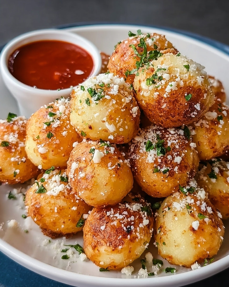 A white plate filled with about twenty small, round golden-brown balls stacked in a loose pile, each ball topped with a sprinkling of white crumbly cheese and small green herb flakes, with some crispy browned spots visible on the edges. At the top left side of the plate, a small round cup filled with red sauce is tucked in, slightly hidden behind the balls. The plate sits on a white marbled surface. photo taken with an iphone --ar 4:5 --v 7