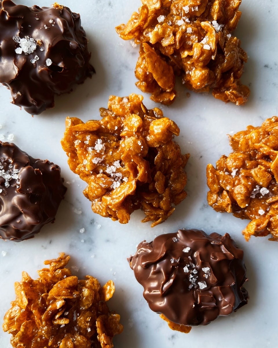 The image shows several irregularly shaped crunchy clusters on a white marbled surface. There are two types of clusters: a few are plain golden brown with a rough, crispy texture from the cornflake layer, and three are covered with a shiny layer of dark melted chocolate, which looks smooth and glossy. The chocolate-coated clusters are sprinkled with coarse, sparkly sea salt flakes that add contrast and texture on the top. The arrangement is casual, showing the rough edges and bumpy surfaces of each piece clearly. photo taken with an iphone --ar 4:5 --v 7