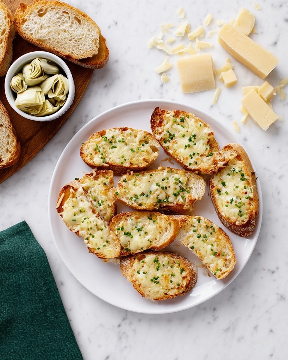 A white plate holds eight slices of toasted bread arranged in a loose circle. Each slice is topped with a golden-brown melted cheese layer, showing some crispy edges and sprinkled with finely chopped green herbs. The toasted bread is light brown with a rough texture, visible around the cheese layer that covers most of each slice. To the left side of the plate, there is a white ramekin filled with light green marinated artichokes sitting on a wooden board, along with two pieces of sliced bread and scattered chunks of pale yellow cheese on a folded green cloth. The surface beneath everything is a white marbled texture. photo taken with an iphone --ar 4:5 --v 7