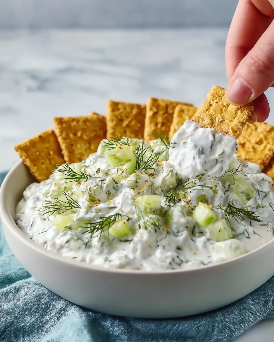 A white bowl filled with a creamy white dip mixed with small green herb bits and topped with light green small cucumber pieces and fresh dill sprigs. Along the inside edges of the bowl, several golden brown rectangular crackers stand upright. A woman's hand is holding one of the crackers, dipped in the creamy mixture, slightly lifted above the bowl. The bowl is placed on a light blue cloth, set on a white marbled surface. photo taken with an iphone --ar 4:5 --v 7