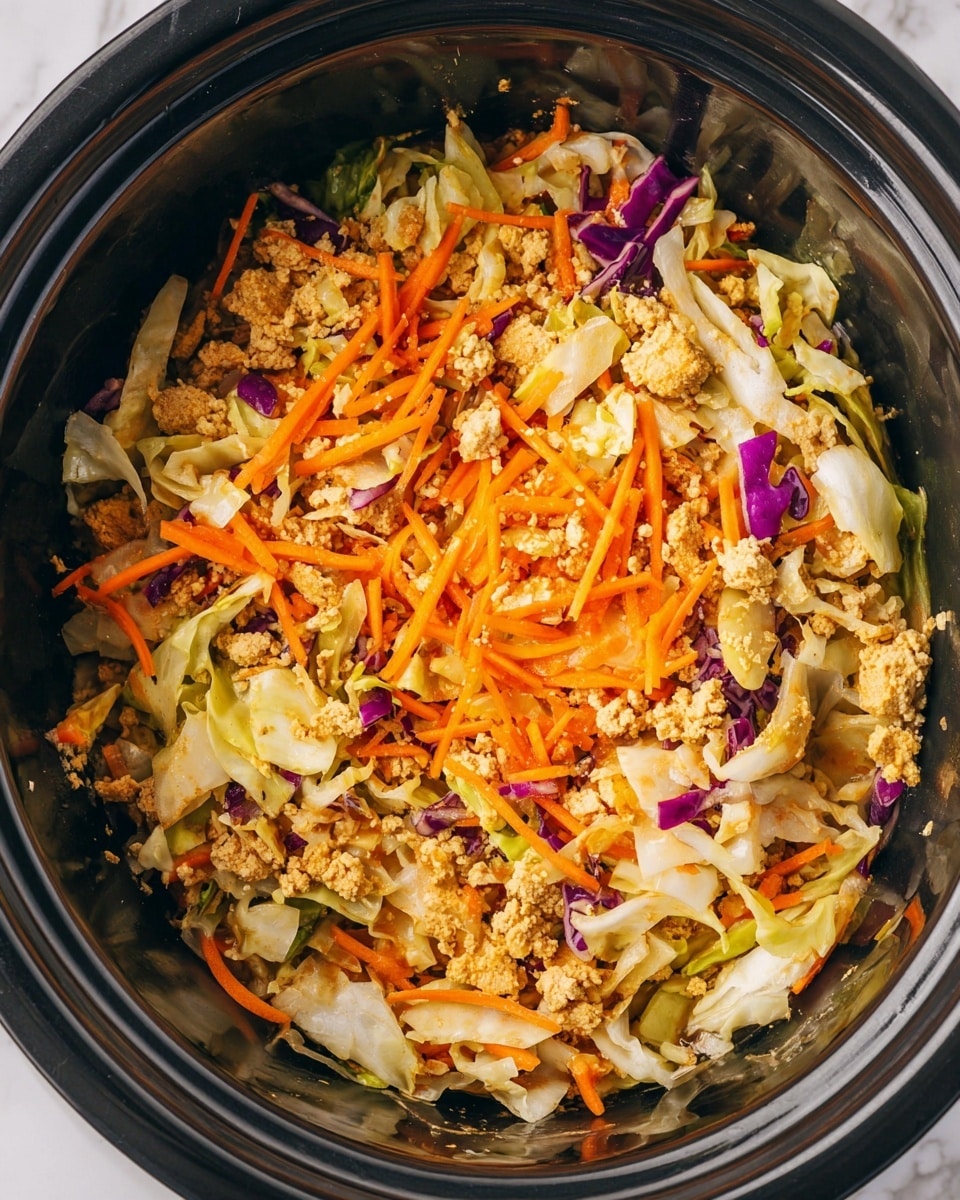 The image shows a close-up of a dish inside a black pot, filled with a mix of shredded cabbage, orange carrot sticks, and light brown crumbled tofu or ground meat. The base layer is made up of chopped, pale cabbage pieces with some purple cabbage mixed in, giving specks of purple color. On top of this is a layer of orange julienned carrots spread unevenly, and chunks of crumbled tofu or meat with a slightly golden-brown tint scattered throughout. The textures include soft, leafy cabbage, crunchy carrots, and crumbly tofu. The setting is on a white marbled surface, and the photo has bright, natural lighting, showing clear details of the food inside the black pot. Photo taken with an iphone --ar 4:5 --v 7