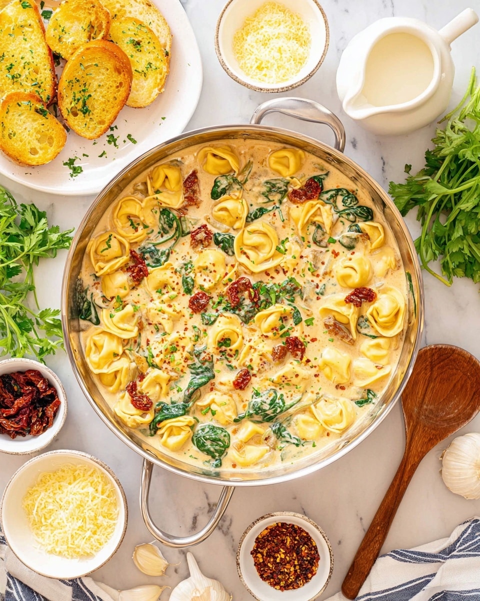 A shiny silver pan sits on a white marbled surface filled with creamy yellow tortellini pasta in a thick light beige sauce, scattered with green spinach leaves and small dark red sun-dried tomato pieces, topped with fresh green parsley and red pepper flakes. Around the pan are various small white bowls, one with grated pale yellow cheese, another with dark red sun-dried tomatoes, one containing black pepper, and a small white pitcher with white cream. To the left, a white plate holds golden yellow garlic bread slices sprinkled with herbs. Fresh green parsley and garlic cloves rest nearby, alongside a wooden spoon and striped cloth. photo taken with an iphone --ar 4:5 --v 7