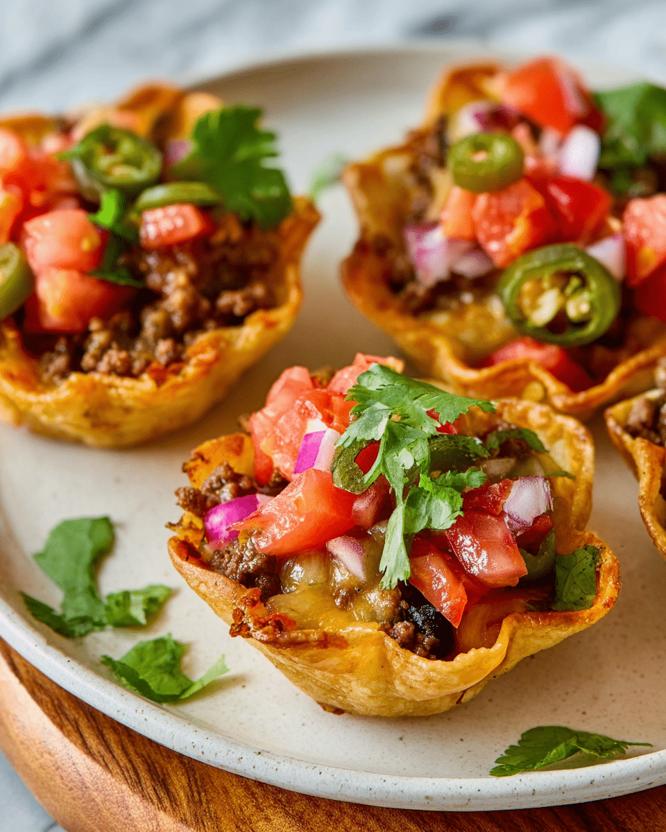 The image shows three mini taco cups on a white plate with a few green leaves scattered around. Each taco cup has three clear layers: the bottom layer is a golden-brown, crispy tortilla shaped like a small bowl; the middle layer is a mix of cooked ground meat and melted cheese with a slightly bubbly texture; the top layer is fresh, diced red tomatoes mixed with finely chopped red onions, small pieces of green jalapeño, and bright green cilantro leaves adding a fresh look. The plate is on a wooden board with a white marbled surface background. photo taken with an iphone --ar 4:5 --v 7