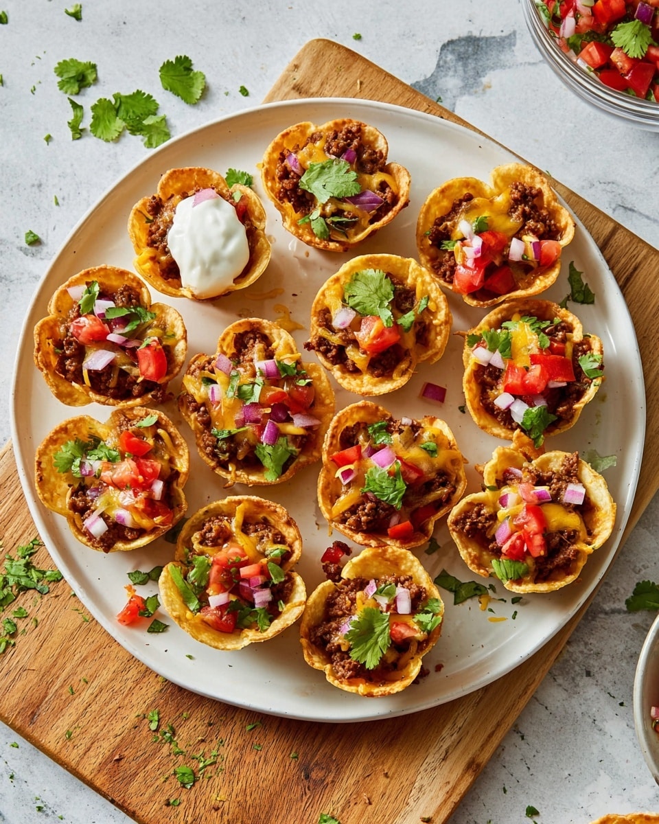 A white plate holds eleven mini taco cups arranged neatly, each with a base layer of a crisp, golden-brown fried tortilla shell shaped like a small cup. Inside each shell is a layer of browned ground meat topped with melted yellow cheese that looks gooey and slightly browned. Some cups have a dollop of creamy white sauce on top, while others are covered with a fresh, colorful layer of diced red tomatoes, finely chopped red onions, and sprinklings of bright green cilantro leaves. The plate is placed on a wooden cutting board over a white marbled surface, with small bits of herbs scattered around giving a fresh feel. photo taken with an iphone --ar 4:5 --v 7