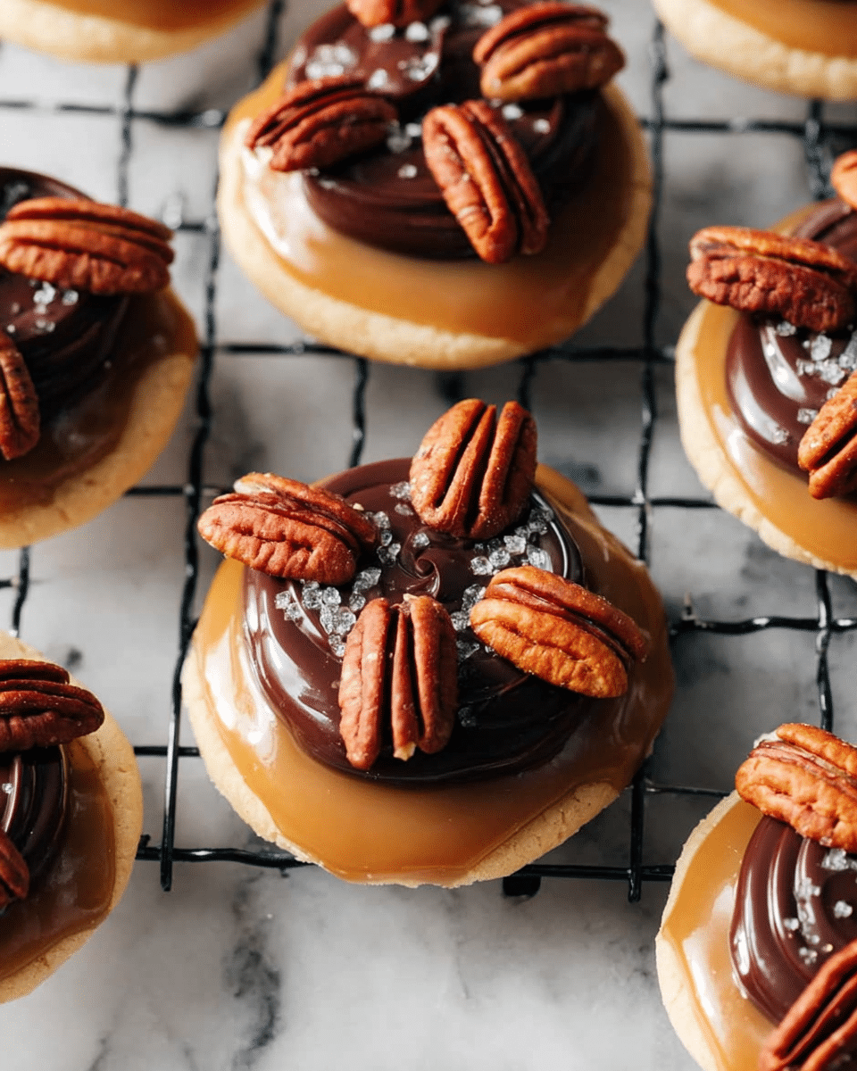 The image shows small round cookies with a light tan base, each topped with a layer of smooth, light brown caramel that slightly spreads beyond the cookie's edge. On top of the caramel, there is a dollop of glossy dark chocolate, swirled in a circular pattern and sprinkled with coarse sea salt. Around each chocolate dollop, four whole pecan halves are arranged evenly, adding rich brown tones and a textured, ridged surface. The cookies are placed on a black wire cooling rack against a white marbled background, creating a clean and simple setting. Photo taken with an iphone --ar 4:5 --v 7