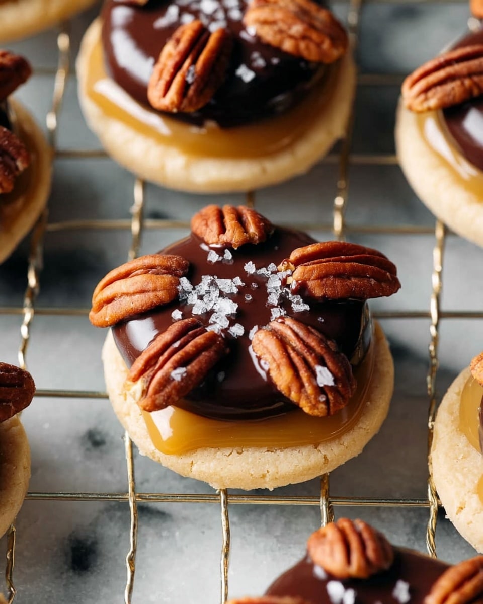 The image shows a close-up of small round cookies with three visible layers: the bottom layer is a light beige cookie base, the middle layer is smooth, golden caramel that slightly drips over the edges, and on top is a glossy swirl of dark chocolate with a sprinkle of coarse salt. Each cookie is decorated with four pecan halves arranged symmetrically around the caramel, standing upright like petals. The cookies are placed on a wire rack over a white marbled surface. photo taken with an iphone --ar 4:5 --v 7