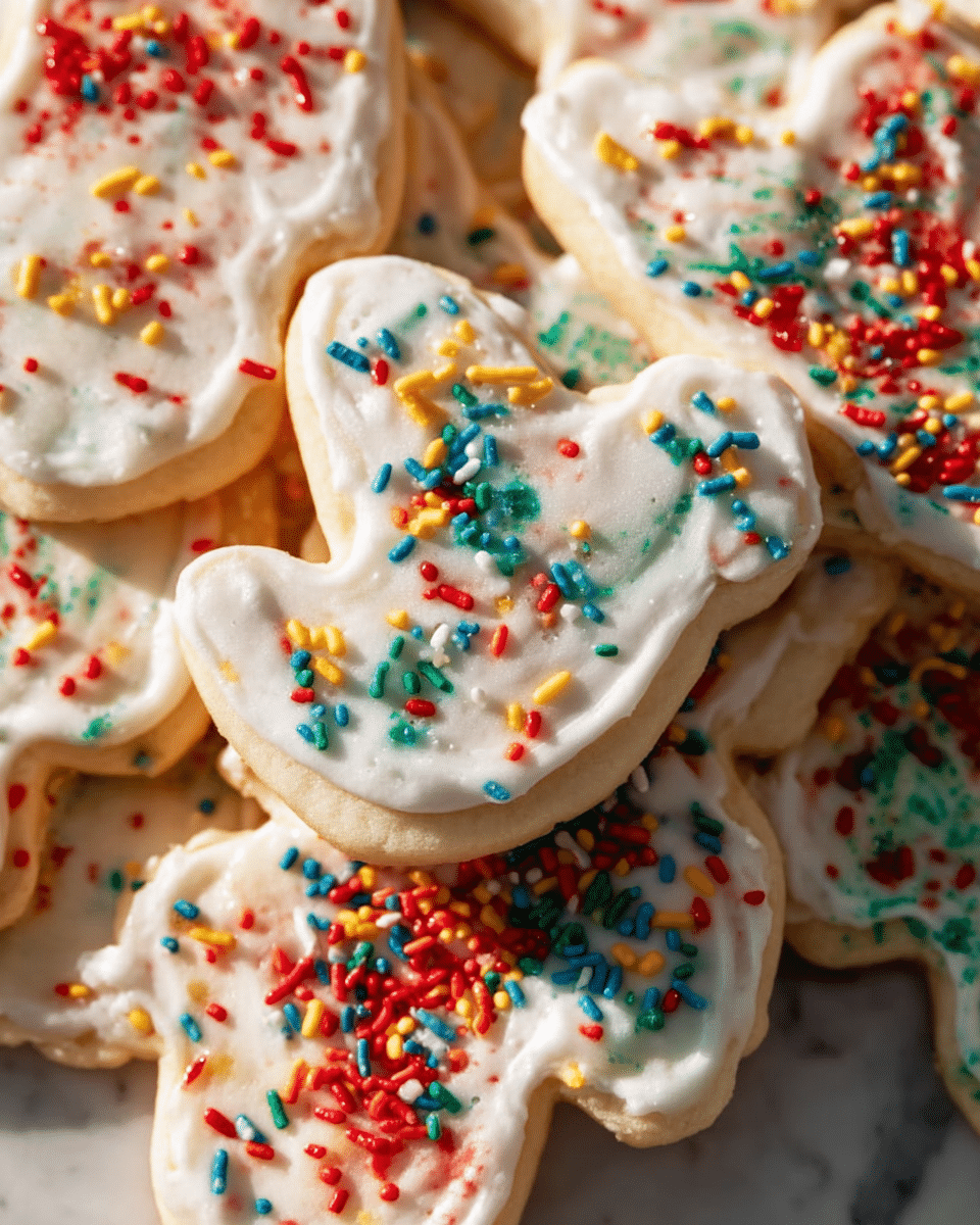 A close-up image shows a group of thick sugar cookies with white icing on top, each cookie is shaped like a mitten or bell with soft edges. The icing has a smooth texture with slight swirls, and colorful sprinkles are scattered across each cookie in red, blue, yellow, green, and orange colors. The cookies are stacked loosely, showing their light golden-brown baked edges. The background surface is a white marbled texture. Photo taken with an iphone --ar 4:5 --v 7