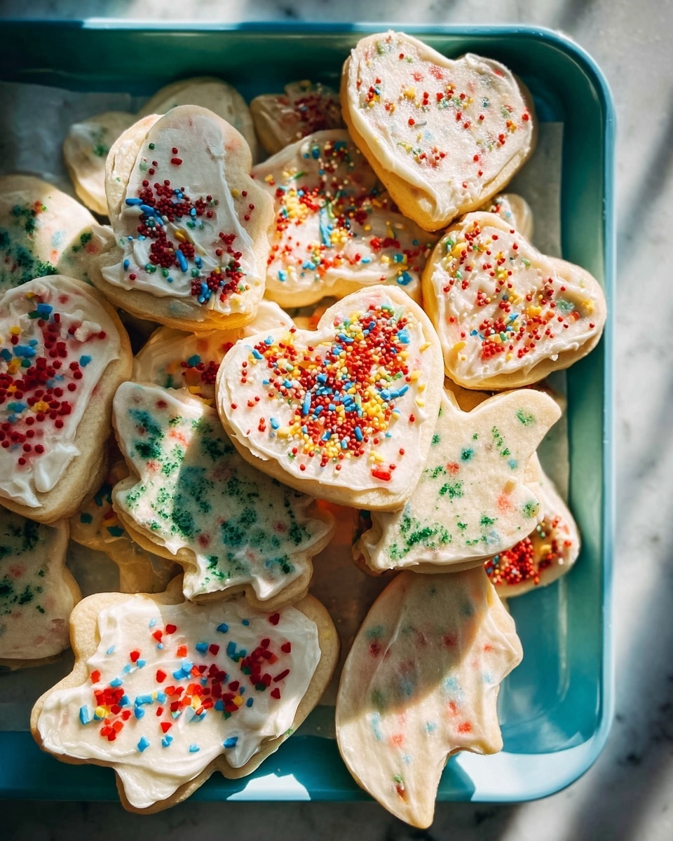 A light blue tray filled with many sugar cookies of different shapes including hearts, stars, leaves, and circles. Each cookie is covered with a thick, smooth layer of white frosting and topped with colorful sprinkles in red, green, blue, yellow, and orange. The cookies have a soft, slightly crumbly texture and are stacked in different directions, overlapping each other. The scene is set against a white marbled surface with natural light casting soft shadows. photo taken with an iphone --ar 4:5 --v 7