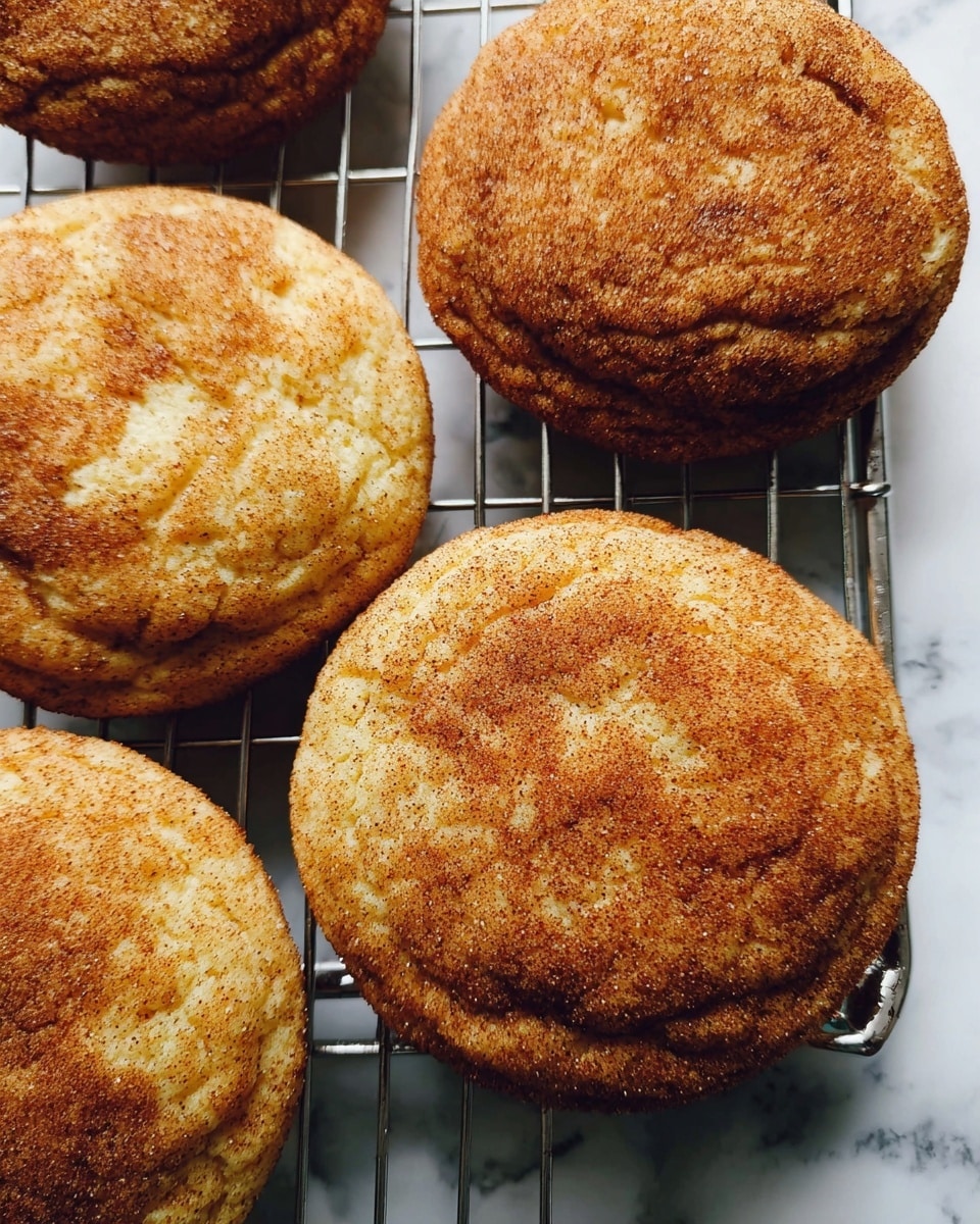 The image shows several round cookies with a golden brown color and a slightly cracked, rough texture on top. Each cookie has a soft, slightly puffy appearance with darker spots of baked cinnamon or sugar. The cookies are laid closely on a metal cooling rack placed over a white marbled surface, highlighting their warm and fresh look. photo taken with an iphone --ar 4:5 --v 7