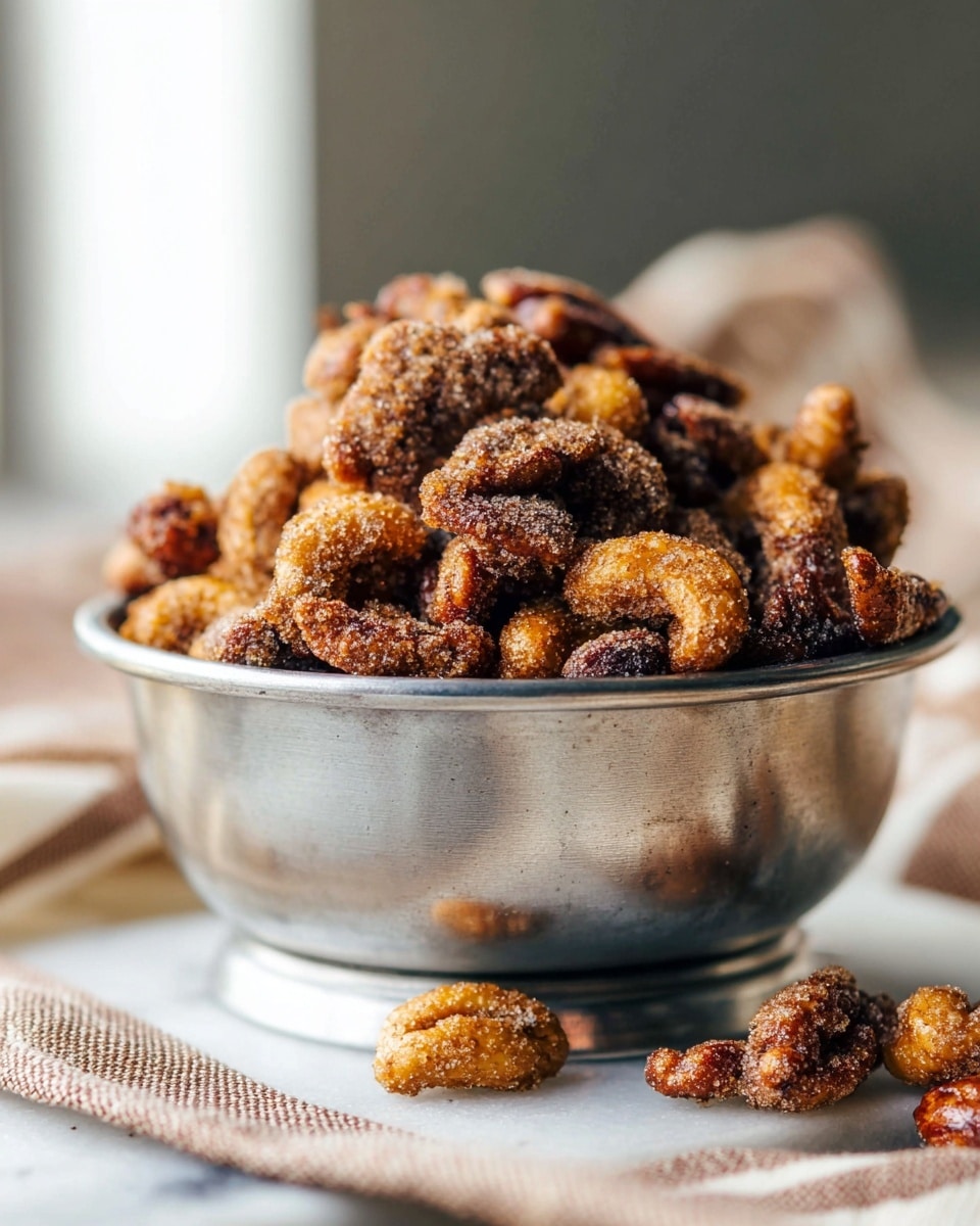 A metal bowl filled with a pile of sugar-coated nuts, showing rough textures and a mix of golden brown and darker brown colors, some nuts spilling out around the base on a white marbled surface covered with a cloth that has light and dark brown stripes. The nuts look crunchy with a sugary coating that sparkles in the soft light coming from the side. The background is blurred with soft light and shadow effects. photo taken with an iphone --ar 4:5 --v 7