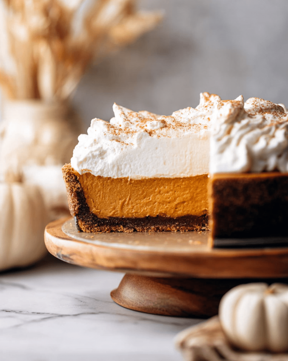 A close-up view of a pumpkin pie with two main layers: a dark brown crumbly crust on the bottom and a smooth thick orange pumpkin filling above it. On top, there is a thick layer of white whipped cream with soft swirl textures, sprinkled lightly with brown cinnamon powder. The pie sits on a round wooden stand, and the background shows blurred light-colored dried plants and white pumpkins, all set on a white marbled surface. photo taken with an iphone --ar 4:5 --v 7