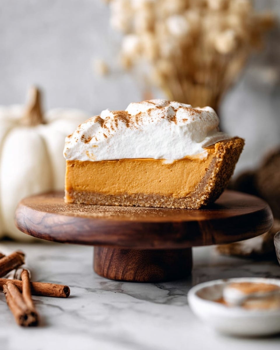 A tall pumpkin pie slice is displayed on a round wooden stand with a thick brown crust at the bottom and sides, topped with a thick, fluffy layer of white whipped cream dusted with light brown cinnamon powder, showing a smooth orange pumpkin filling inside. The background shows blurred white pumpkins and dried plants, and the pie is set on a white marbled surface with some cinnamon sticks and a white bowl nearby. Photo taken with an iphone --ar 4:5 --v 7