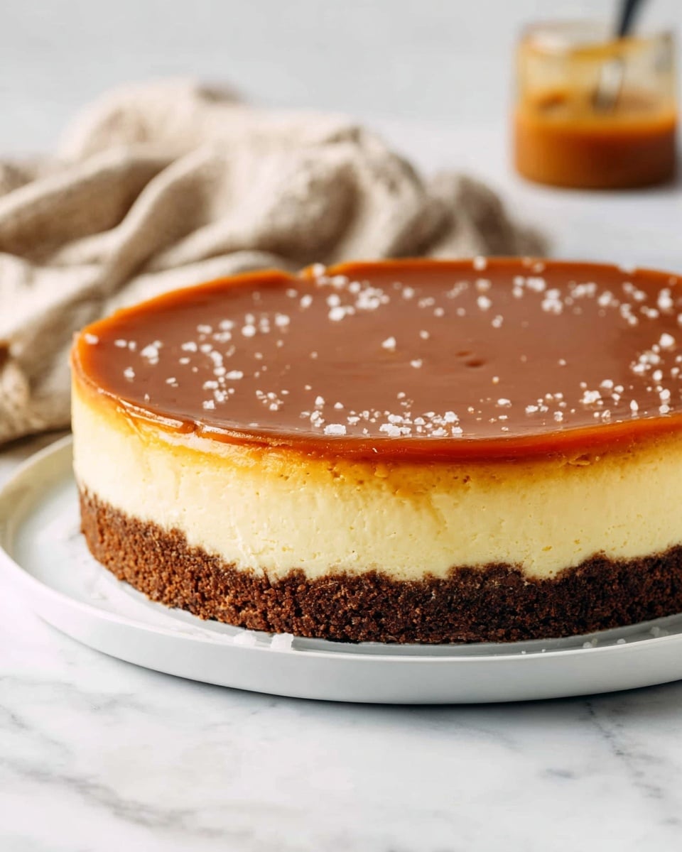 The image shows a round cheesecake with three distinct layers on a white plate, placed on a white marbled surface. The bottom layer is a thick, crumbly dark brown crust, followed by a smooth, creamy pale yellow cheesecake layer in the middle. The top layer is a shiny caramel glaze with light brown color, sprinkled with small flakes of sea salt. In the background, there is a blurred beige cloth and a glass container with caramel sauce. photo taken with an iphone --ar 4:5 --v 7