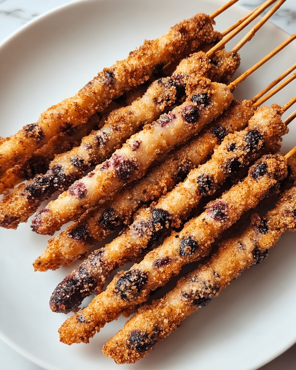 The image shows six long, thin skewers of a fried snack placed close together on a white plate with a white marbled surface beneath. Each skewer is golden brown with a crunchy texture and is coated evenly with a mix of crumbs and small dark brown specks. There are visible dark purple or black berry-like spots embedded throughout the snack, adding color contrast. The surface looks crispy and slightly rough, with some sugary granules glistening in the light. Photo taken with an iphone --ar 4:5 --v 7