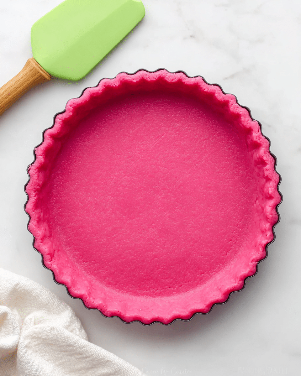 A bright pink pie crust sits inside a round tart pan with scalloped edges, showing a smooth and even texture pressed along the bottom and sides. The pan rests on a white marbled surface with a soft white cloth nearby and a green spatula with a wooden handle on the side, highlighting the vibrant pink color of the crust. The edges of the crust are neatly shaped, creating a clean border around the tart pan. Photo taken with an iphone --ar 4:5 --v 7